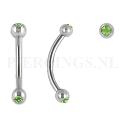 Banana 1.2 mm chirurgisch staal met groen kristal 10 mm + 3 mm bal