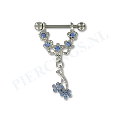 Tepelpiercing hangende bloem blauw