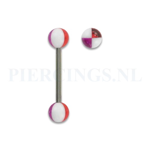 Tongpiercing acryl geblokt rood wit paars 5 mm