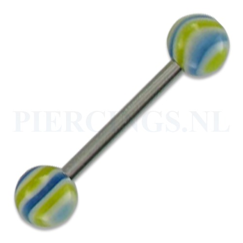 Tongpiercing gegolfd blauw geel